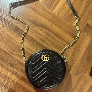 Gucci Black Round Quilted Crossbody Bag with Gold Chain